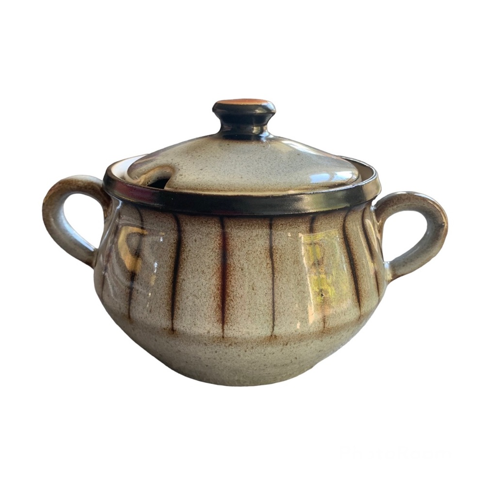 Denby Stoneware Brown Trim Lines Stripes Gray Sugar Bowl MCM
